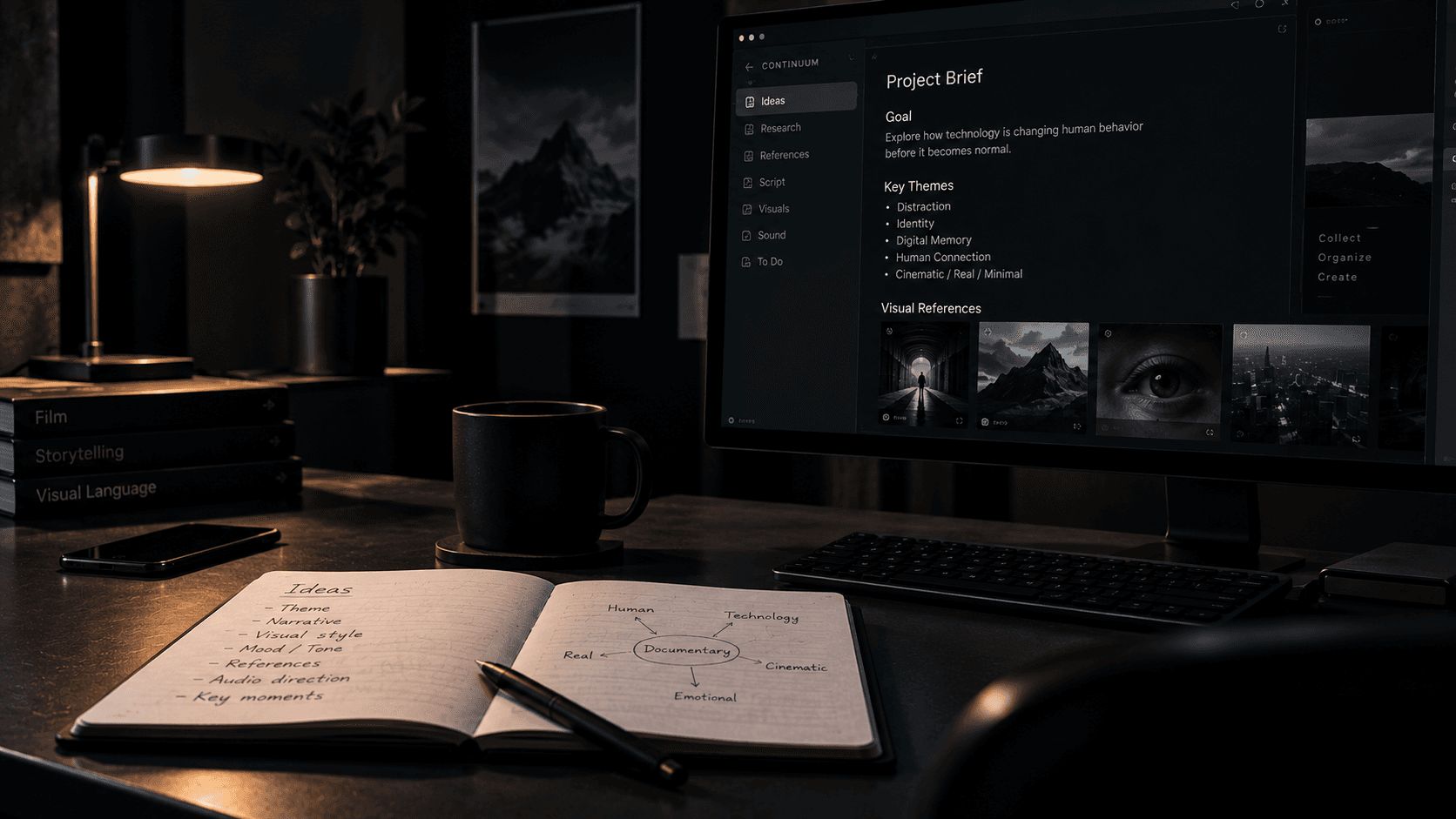 A notebook of concept notes beside a monitor showing a project brief and visual references