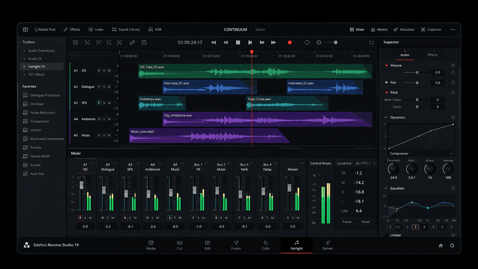 A Fairlight audio mixing timeline with dialogue, SFX, ambience and music tracks